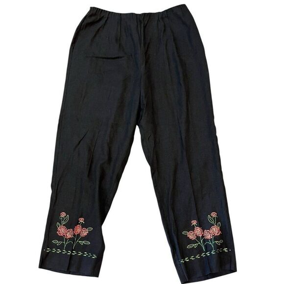 Ladies Size 16 Black Linen Pants Floral Embroidery Pull On Elastic Waist Zip - Picture 1 of 5